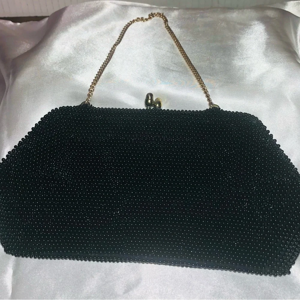Antique vintage black beaded purse with chain handle.